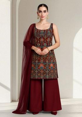 Brown Embroidered Crepe Sharara Set