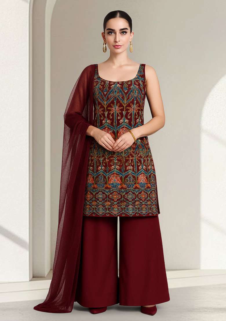 Brown Embroidered Crepe Sharara Set - Indya
