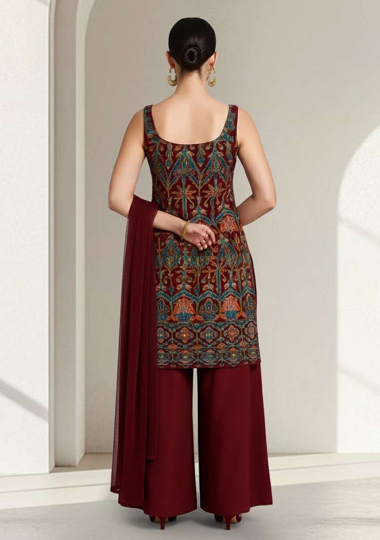 Brown Embroidered Crepe Sharara Set - Indya