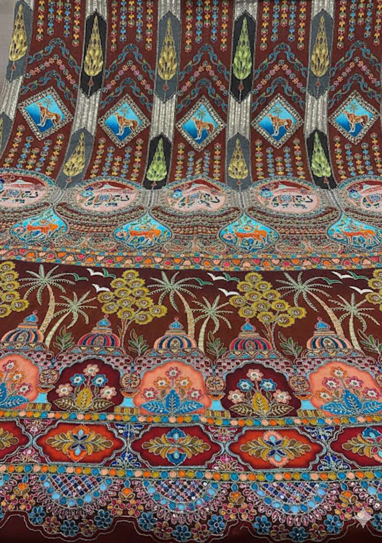 Brown Embroidered Crepe Sharara Set - Indya