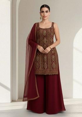 Red Embroidered Crepe Sharara Set