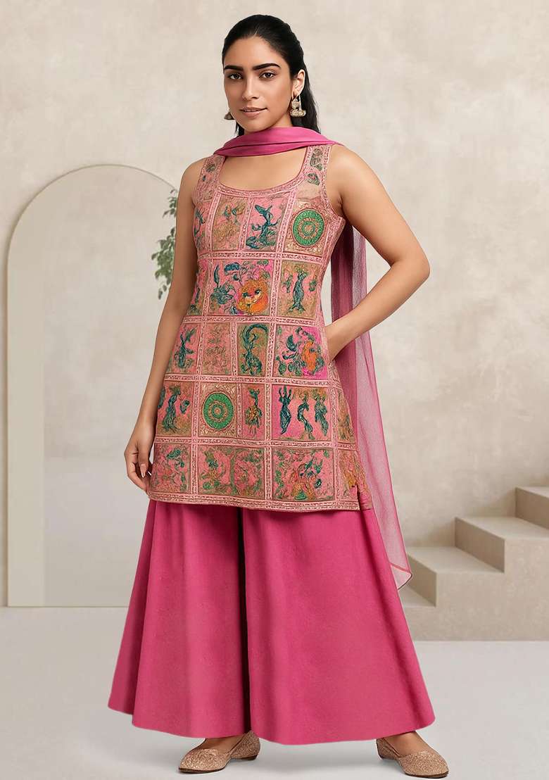 Pink Figure Print Silk Sharara Set - Indya