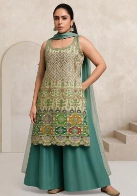 Blue Embroidered Crepe Sharara Set