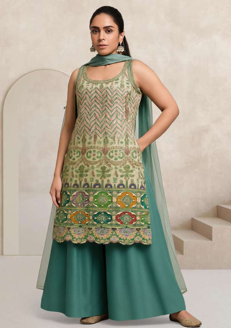 Blue Embroidered Crepe Sharara Set - Indya