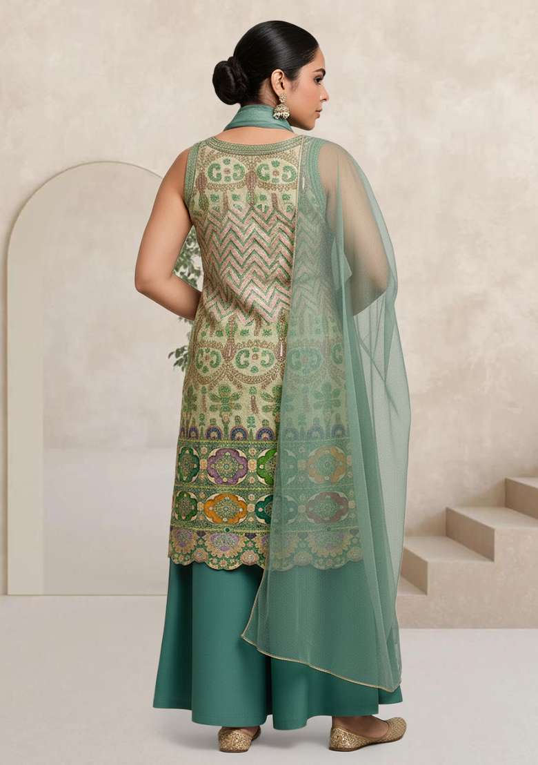 Blue Embroidered Crepe Sharara Set - Indya