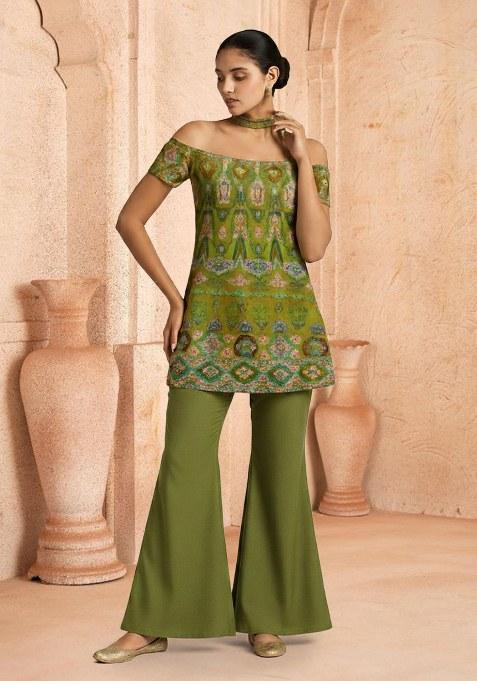 Green Printed Blended Sharara Set — view on Indya
