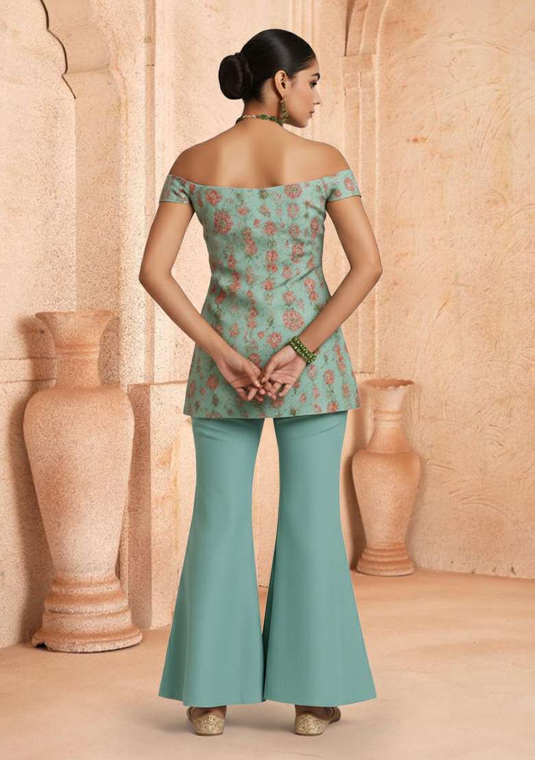 Multicolor Figure Print Silk Fusion Set for Diwali | Wedding & Festive Wear - Indya