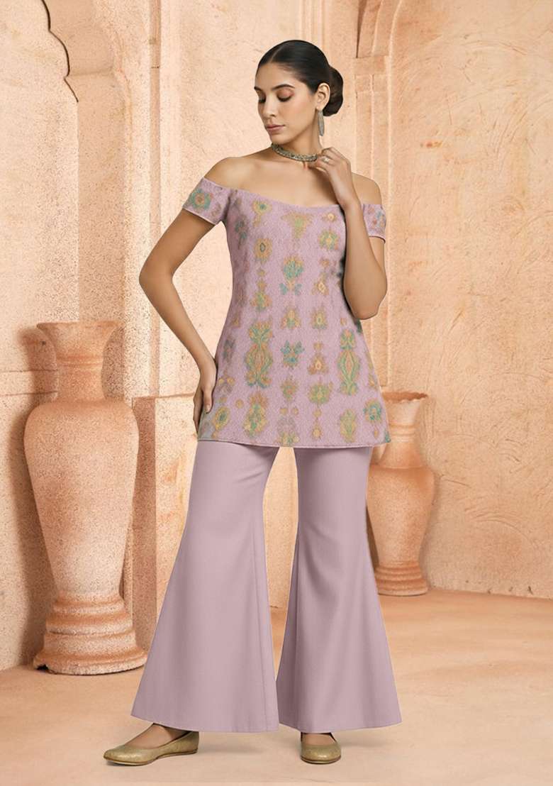 Pink Floral Print Silk Fusion Set for Diwali and Festive Wear - Indya