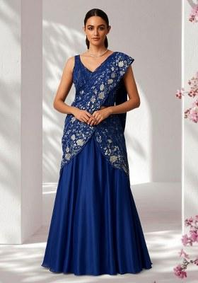 Navy Blue Embroidered Silk Pre Draped Saree Set
