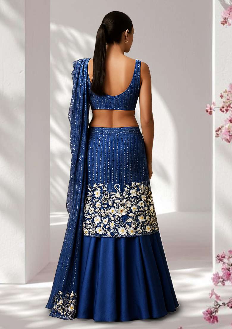 Navy Blue Embroidered Silk Pre Draped Saree Set - Indya