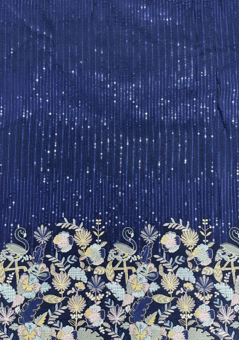 Navy Blue Embroidered Silk Pre Draped Saree Set - Indya