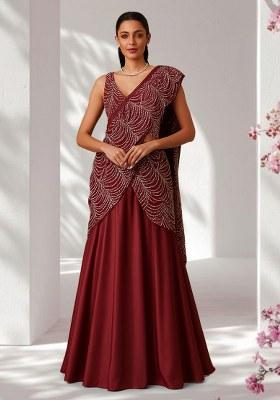 Maroon Embroidered Net Pre Draped Saree Set