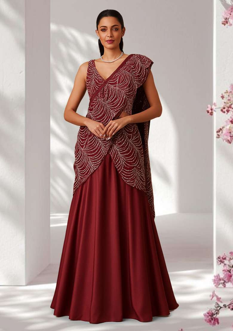 Maroon Embroidered Net Pre Draped Saree Set - Indya