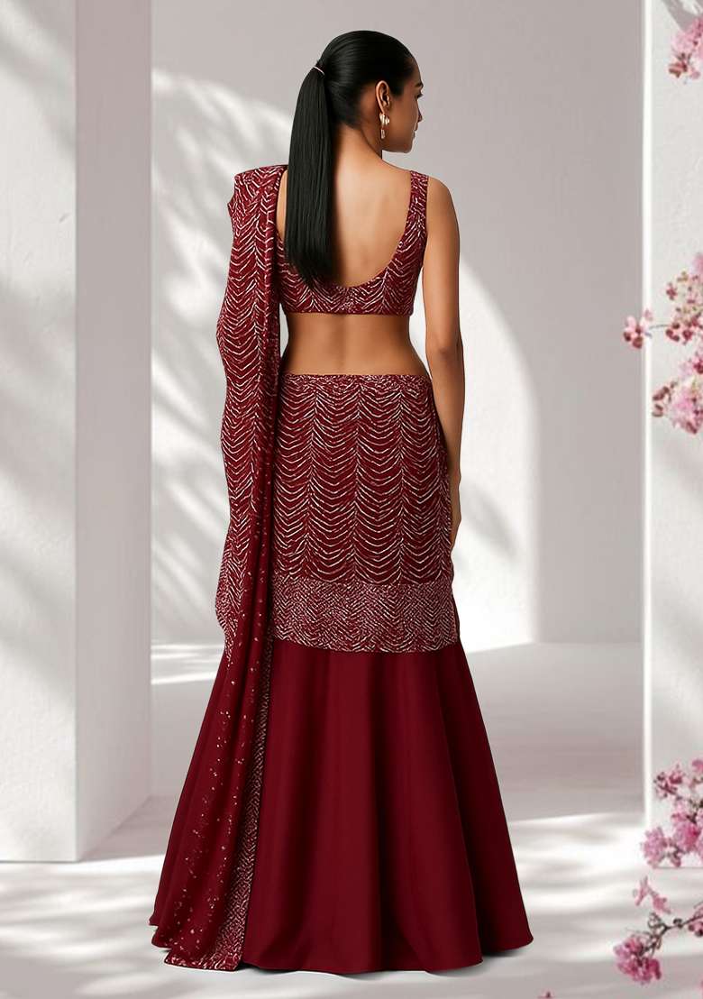 Maroon Embroidered Net Pre Draped Saree Set - Indya