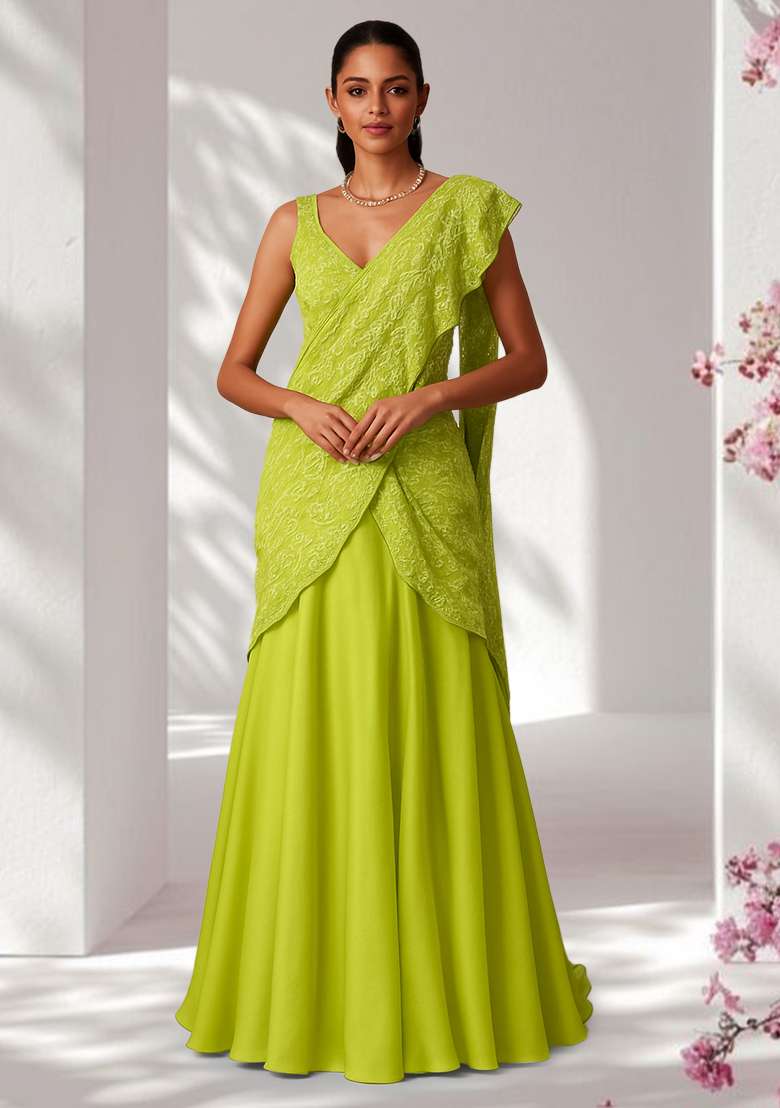Green Embroidered Net Pre Draped Saree Set - Indya