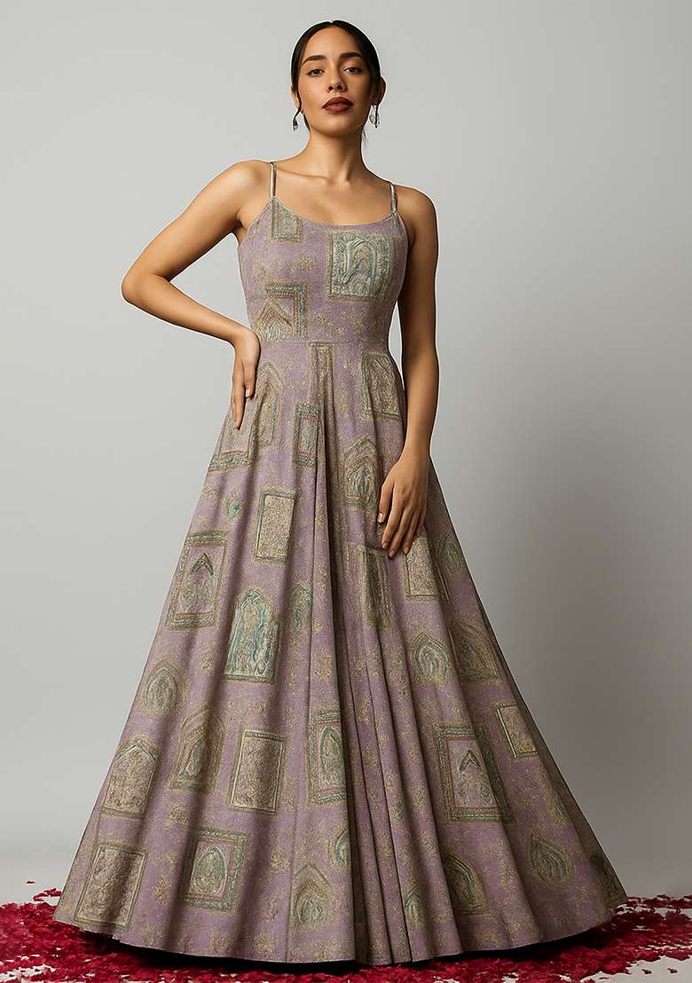 Pink Figure Print Silk Anarkali Set - Indya