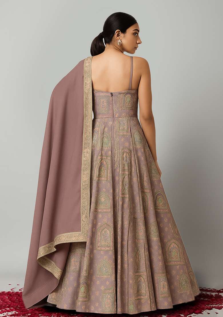 Pink Figure Print Silk Anarkali Set - Indya