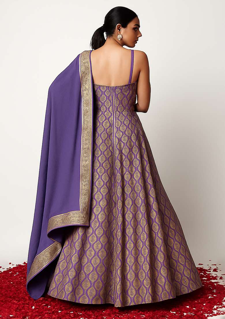 Purple Figure Print Silk Anarkali Set - Indya