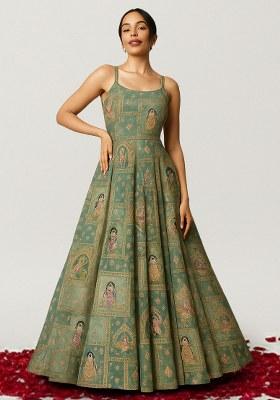 Teal Green Figure Print Silk Anarkali Set