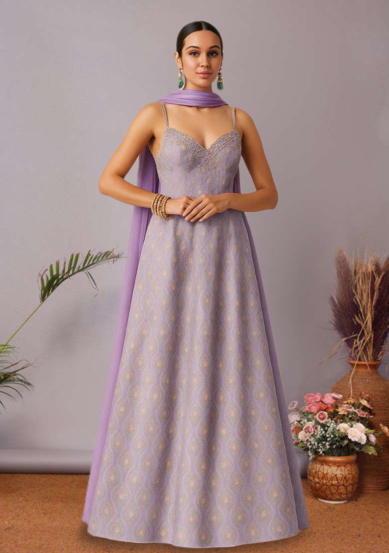 Purple Figure Print Silk Anarkali Set - Indya