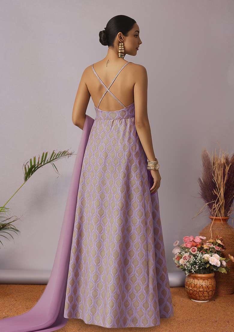 Purple Figure Print Silk Anarkali Set - Indya