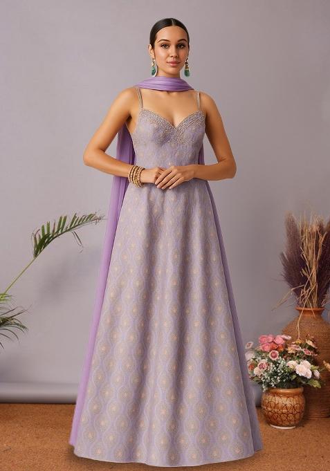 Purple Figure Print Silk Anarkali Set