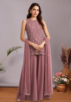 Pink Embroidered Net Sharara Set