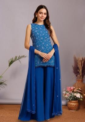 Dark Blue Embroidered Net Sharara Set
