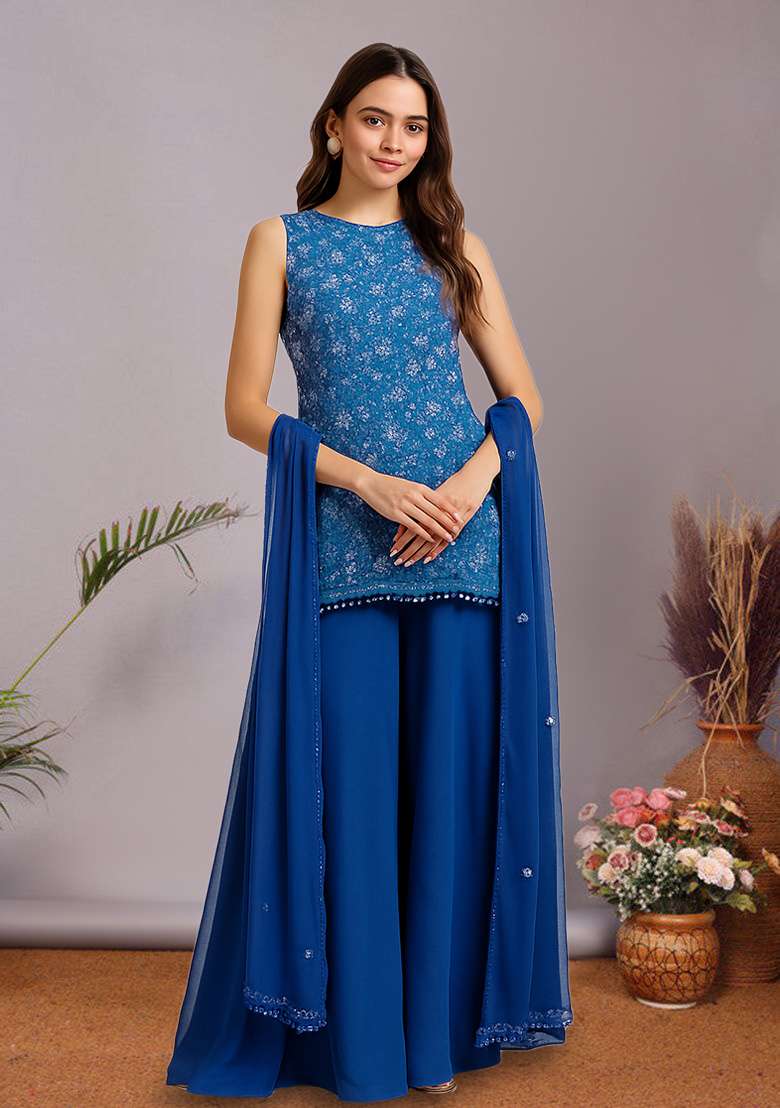 Dark Blue Embroidered Net Sharara Set - Indya