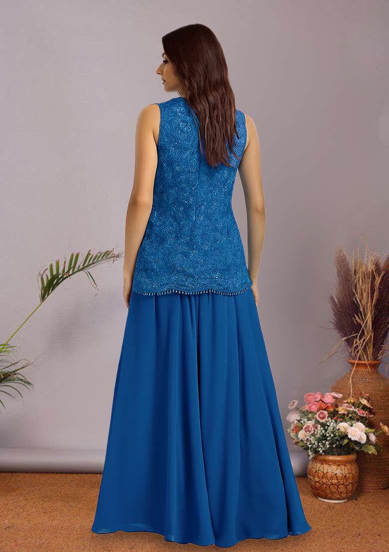 Dark Blue Embroidered Net Sharara Set - Indya