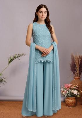 Sky Blue Embroidered Net Sharara Set