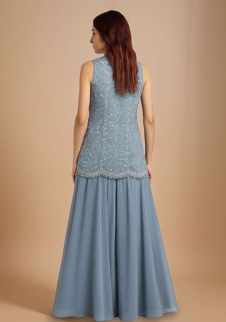 Dark Blue Embroidered Net Sharara Set - Indya