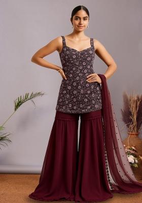 Wine Embroidered Net Sharara Set