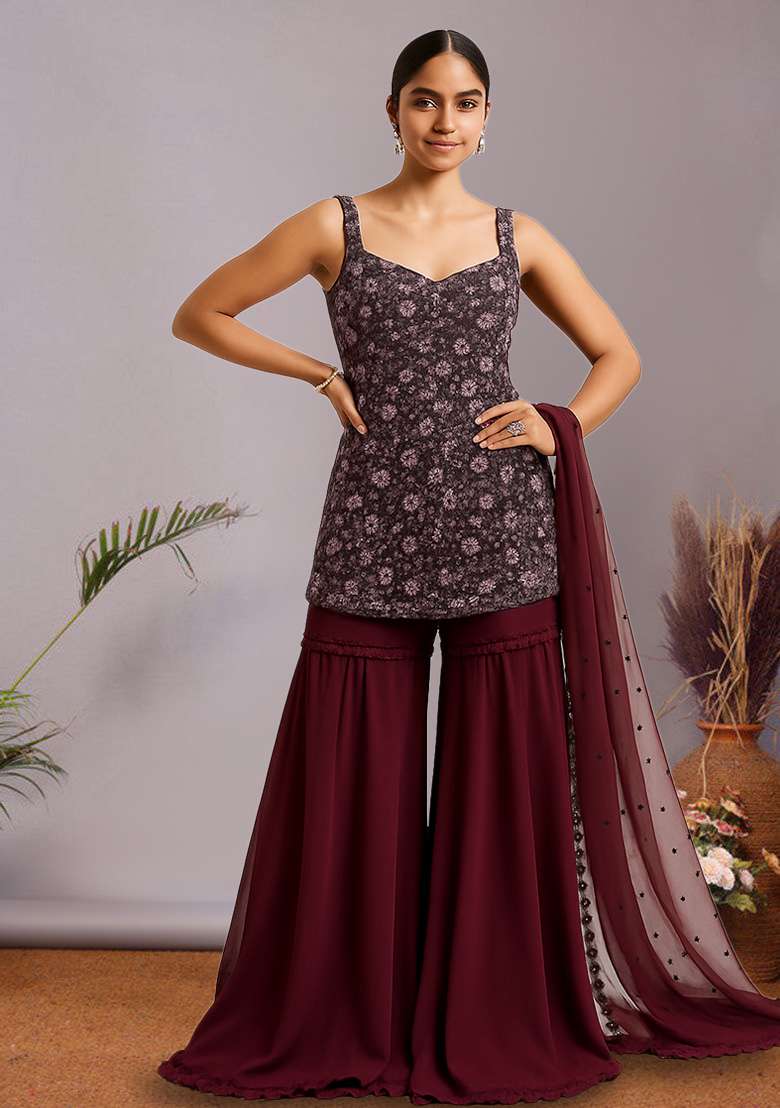 Wine Embroidered Net Sharara Set - Indya