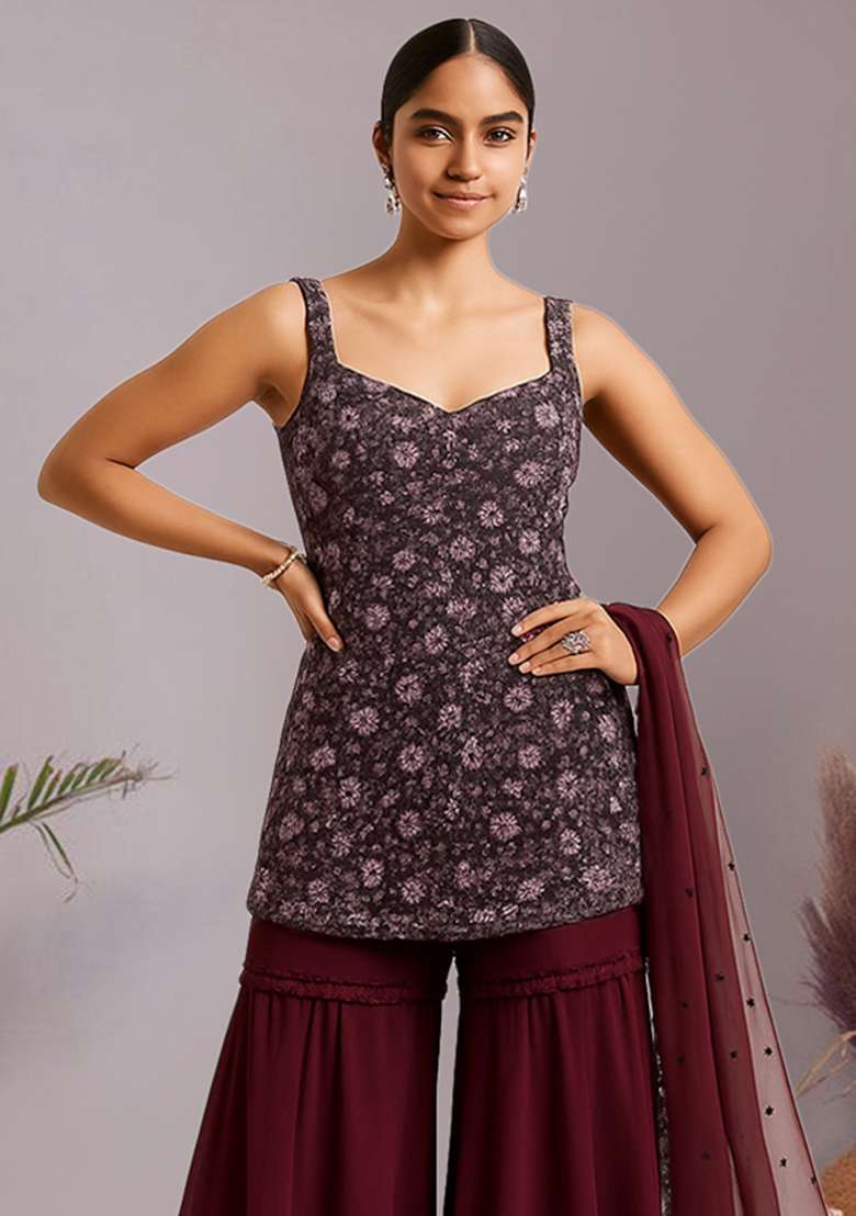 Wine Embroidered Net Sharara Set - Indya