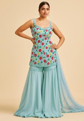 Sky Blue Embroidered Net Sharara Set