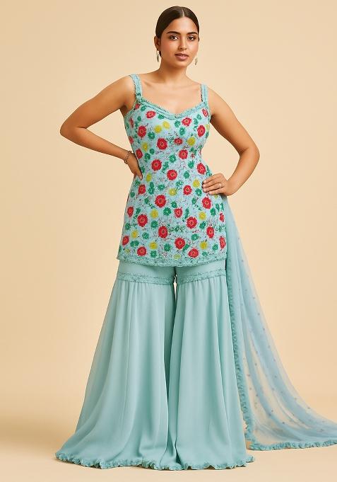 Sky Blue Embroidered Net Sharara Set