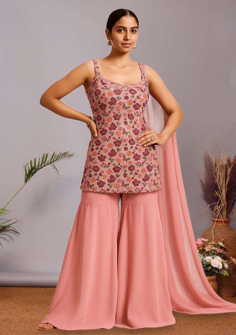 Pink Embroidered Net Sharara Set - Indya