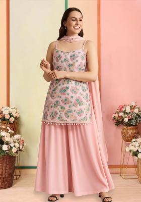 Pink Floral Print Chinon Sharara Set