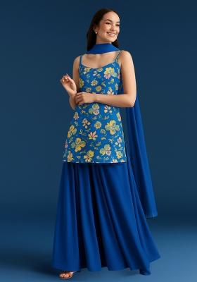 Blue Floral Print Chinon Sharara Set