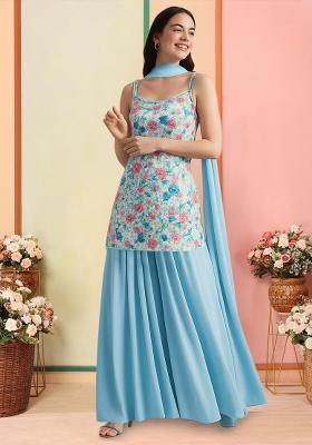 White Floral Print Silk Sharara Set