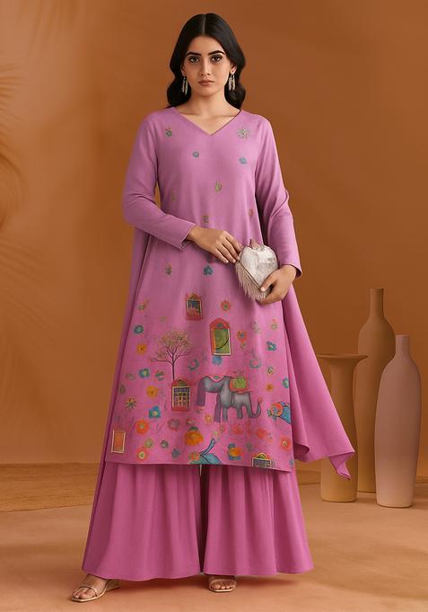 Pink Figure Print Crepe Sharara Set