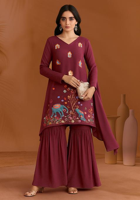 Maroon Figure Print Crepe Sharara Set