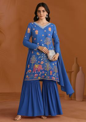 Blue Figure Print Crepe Sharara Set