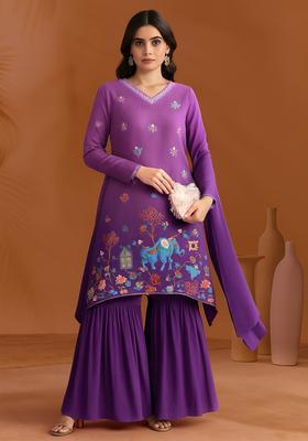Purple Figure Print Crepe Sharara Set