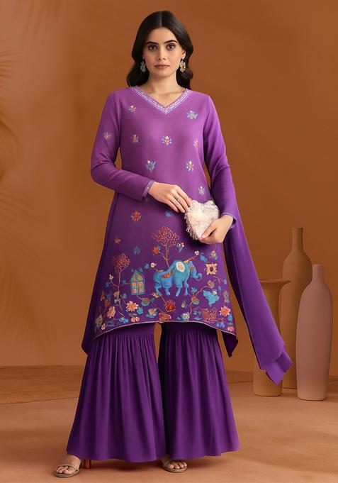 Purple Figure Print Crepe Sharara Set