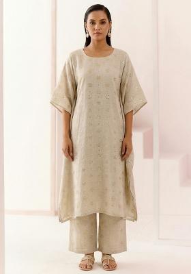 Off White Embellished Linen Kurta Set