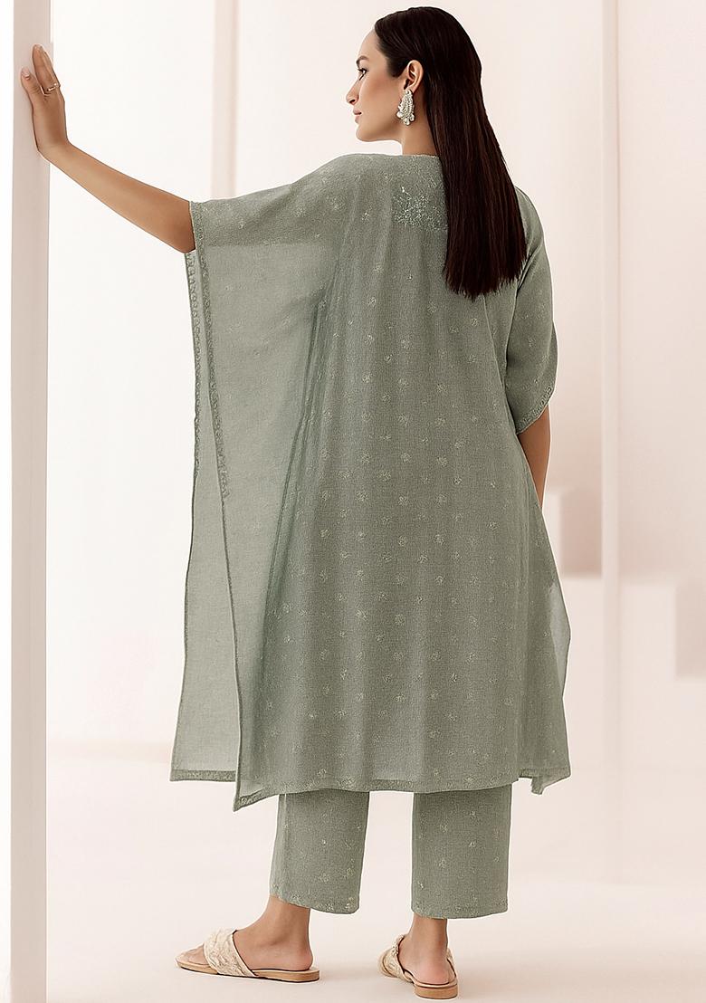Grey Embellished Linen Kurta Set - Indya