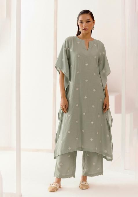 Grey Embellished Linen Kurta Set