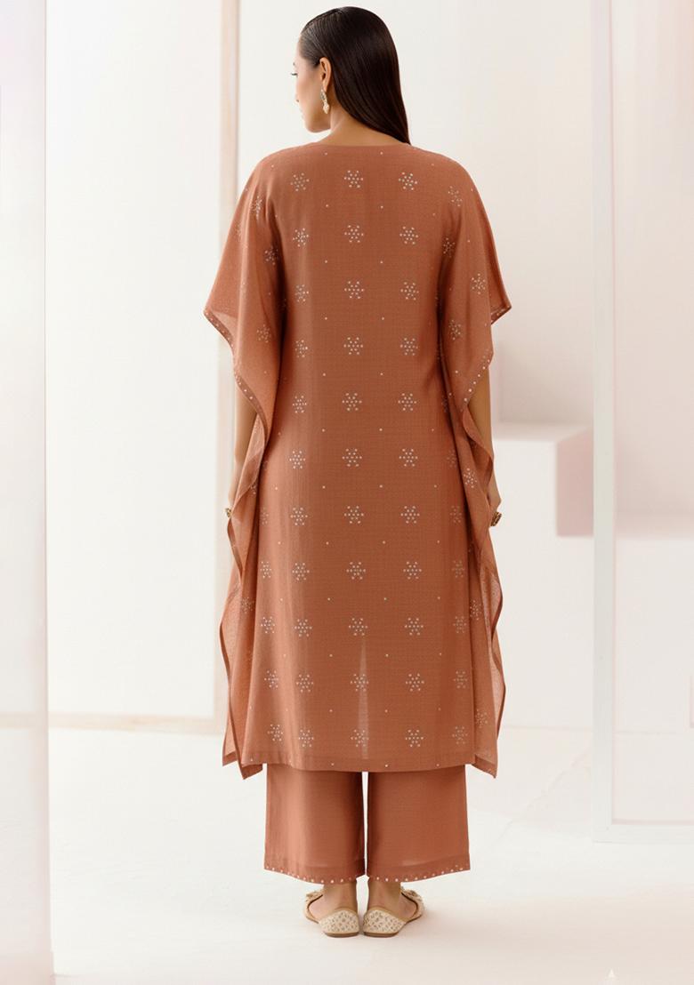Rust Embellished Linen Kurta Set - Indya